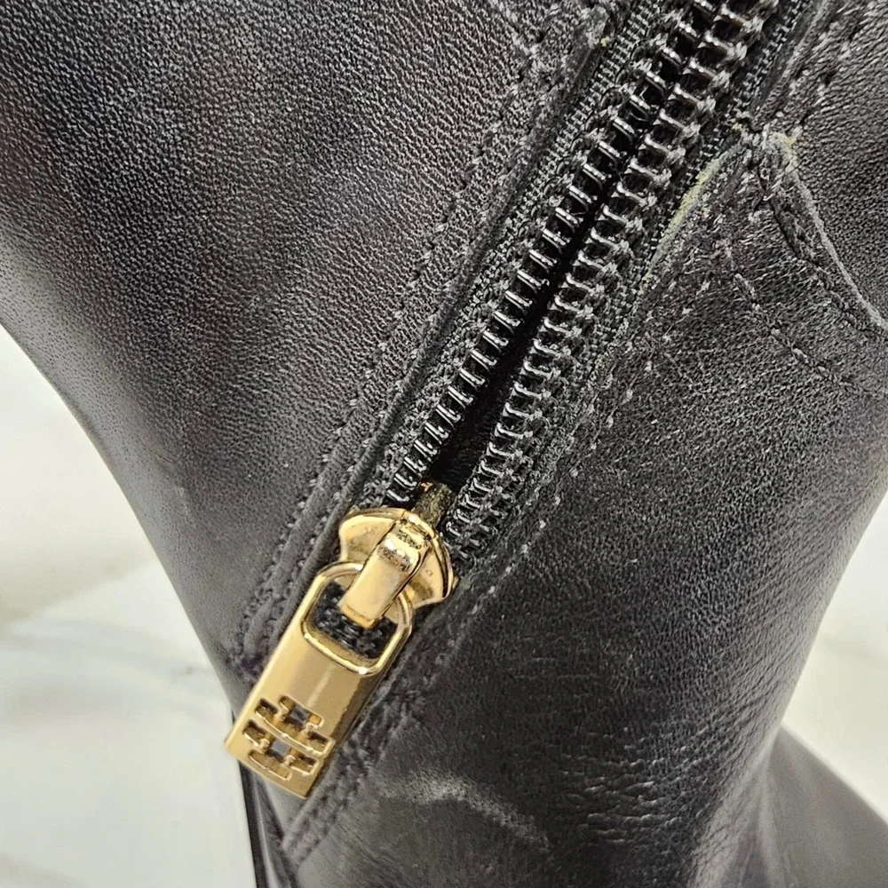 Tory Burch Colleen Black Leather Knee High Boots 6M Gold Stud Logo Heels Brazil‎